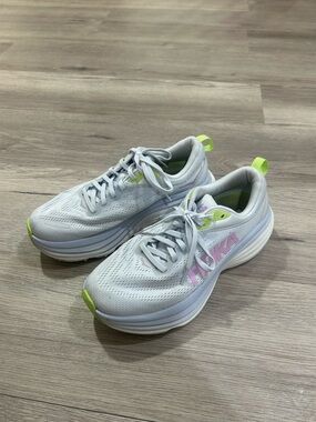 HOKA Women's Bondi 8.5 Wide Running Shoes in Sea Ice/Pink Twilight